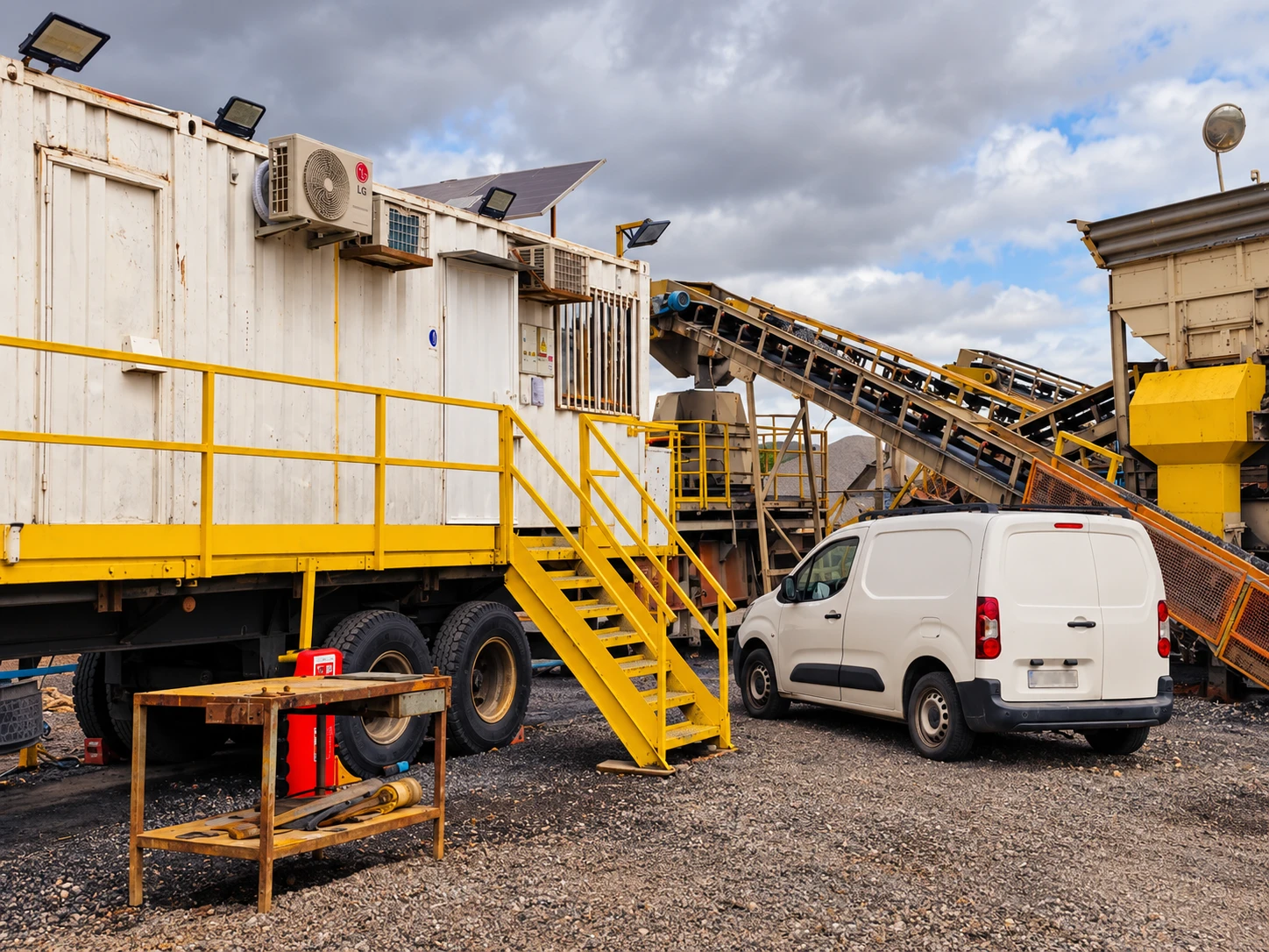 Camioneta de trabajo frente a una instalación industrial con equipos de aire acondicionado