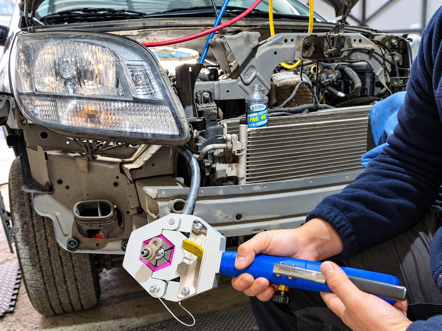 Técnico prensando una manguera de aire acondicionado automotriz